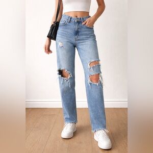 Zara Distressed Blue Straight Leg Jeans